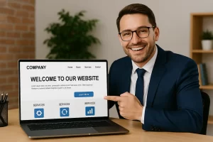 Empresário sorrindo enquanto aponta para a tela de um laptop que mostra o layout de um site profissional moderno