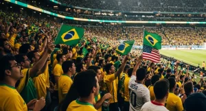 Uma mala de viagem aberta contendo camisas da seleção brasileira, ingressos, passaporte e um adaptador de tomada universal.