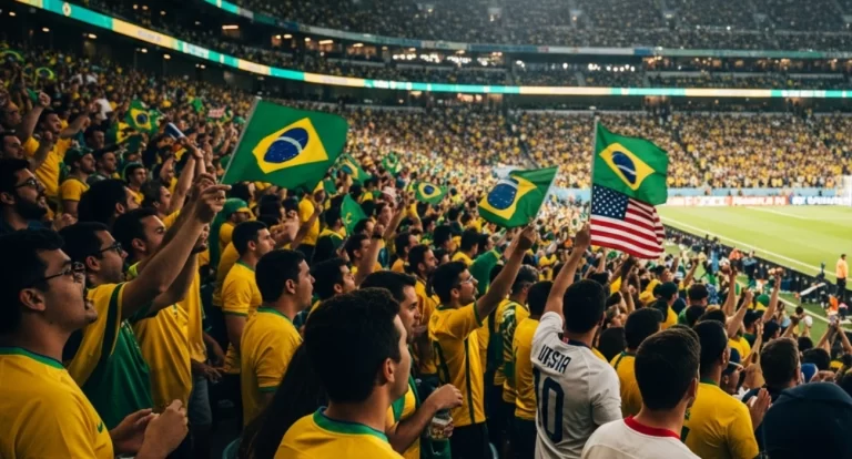 Uma mala de viagem aberta contendo camisas da seleção brasileira, ingressos, passaporte e um adaptador de tomada universal.